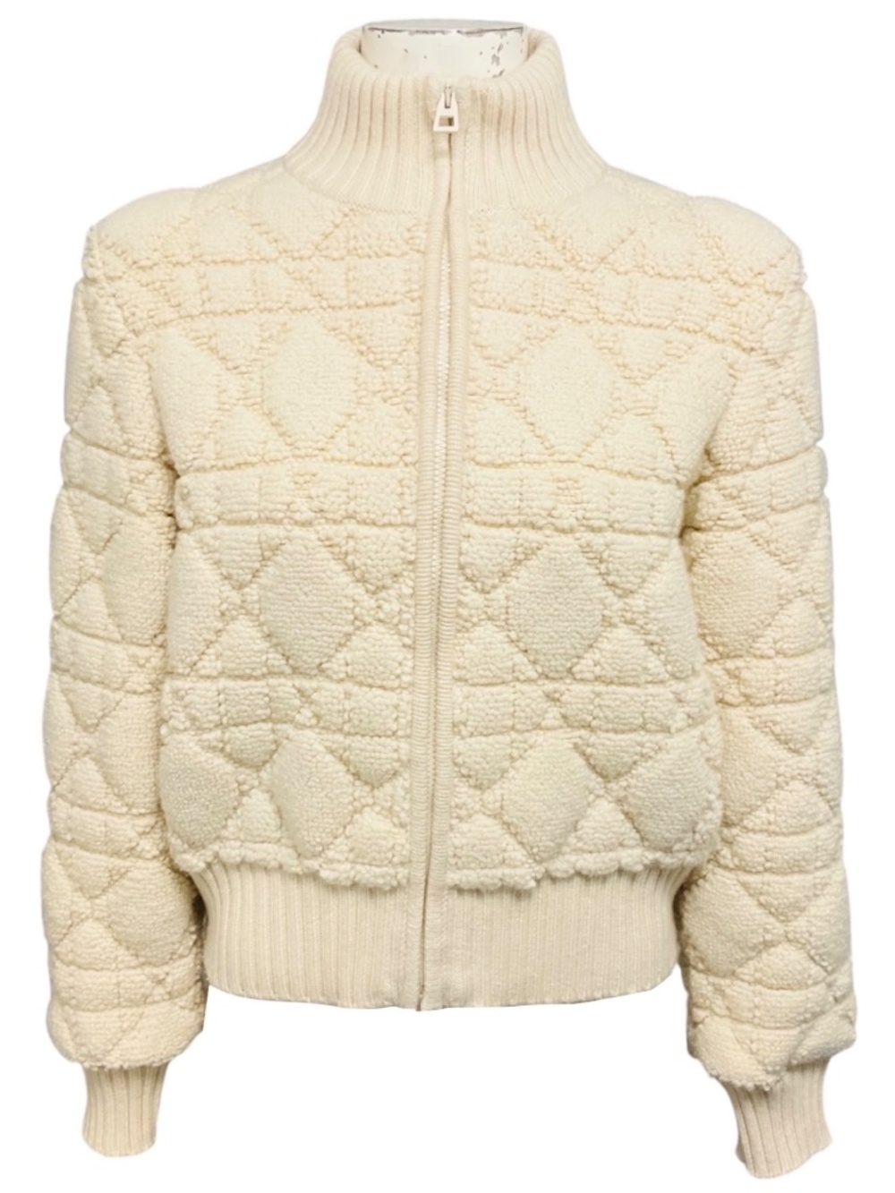 CHRISTIAN DIOR ECRU WOOL AND CASHMERE KNIT MACROCANNAGE ZIPPED CARDIGAN SWEATER